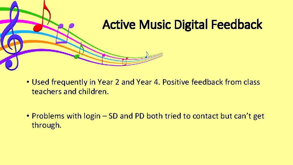 Active Music Digital Feedback • Used frequently in Year 2 and Year 4. Positive