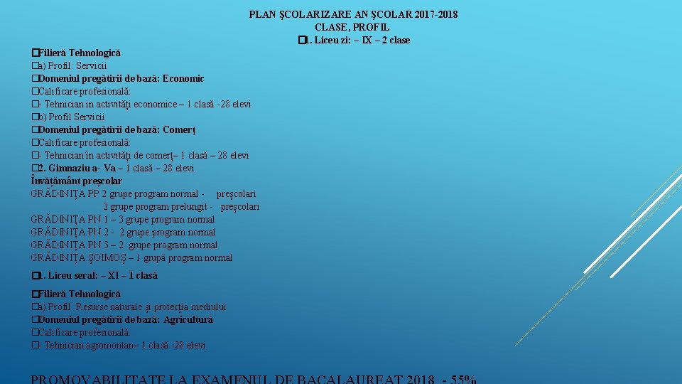 PLAN ŞCOLARIZARE AN ŞCOLAR 2017 -2018 CLASE, PROFIL � 1. Liceu zi: – IX