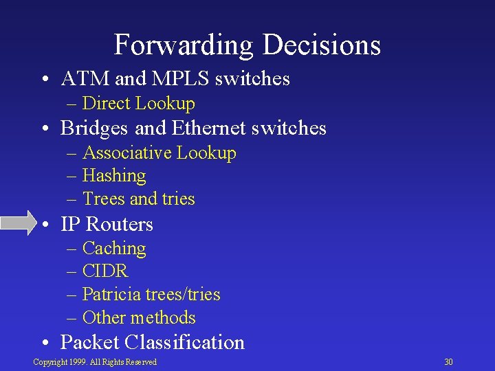 Forwarding Decisions • ATM and MPLS switches – Direct Lookup • Bridges and Ethernet