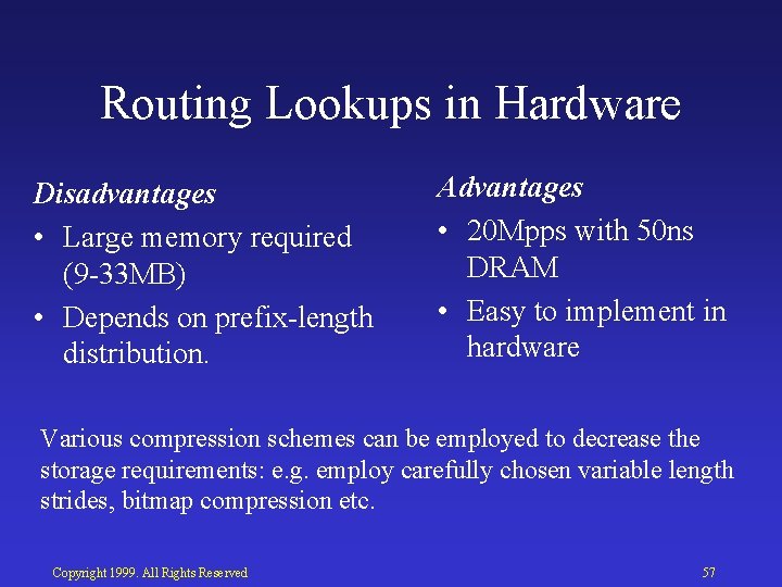 Routing Lookups in Hardware Disadvantages • Large memory required (9 33 MB) • Depends