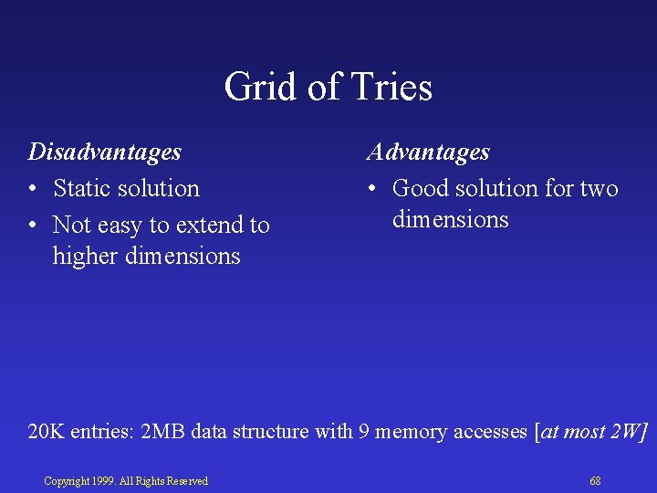 Grid of Tries Disadvantages • Static solution • Not easy to extend to higher