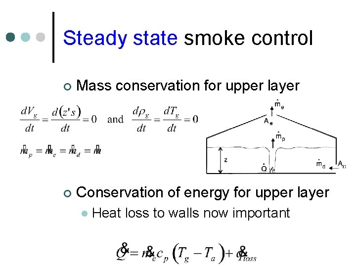 Steady state smoke control ¢ Mass conservation for upper layer ¢ Conservation of energy Steady state smoke control ¢ Mass conservation for upper layer ¢ Conservation of energy