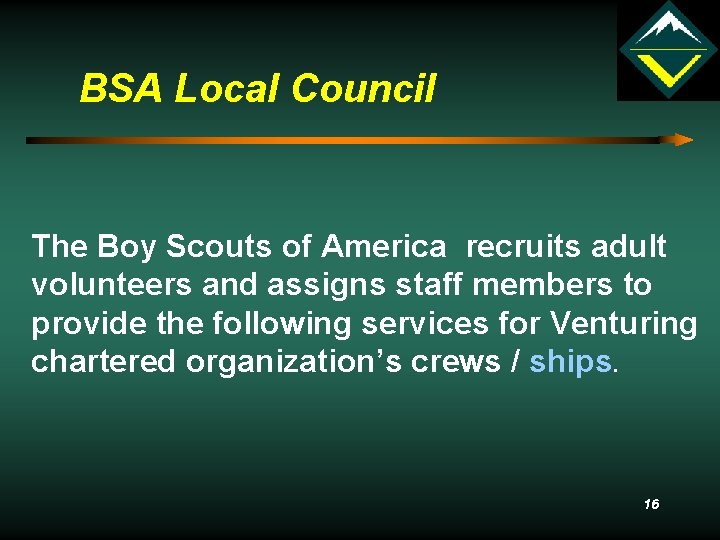 BSA Local Council The Boy Scouts of America recruits adult volunteers and assigns staff