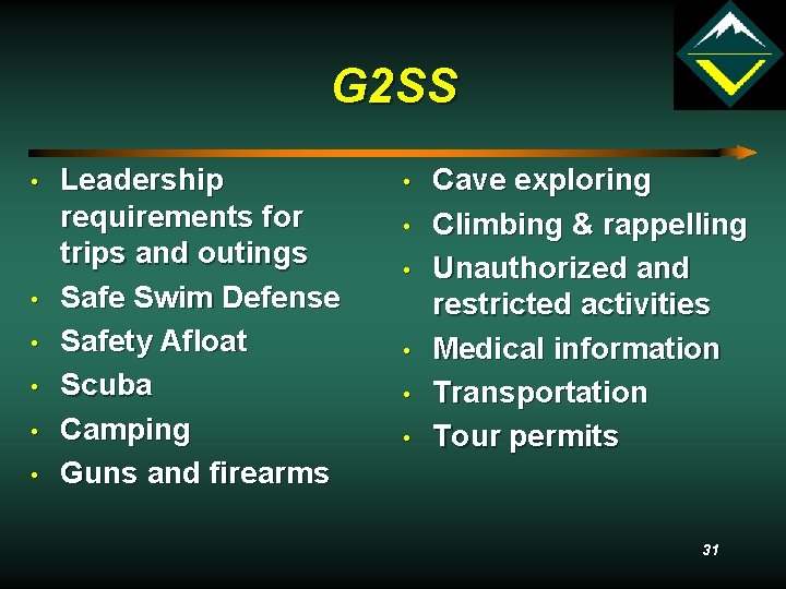 G 2 SS • • • Leadership requirements for trips and outings Safe Swim