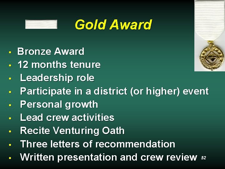 Gold Award • • • Bronze Award 12 months tenure Leadership role Participate in