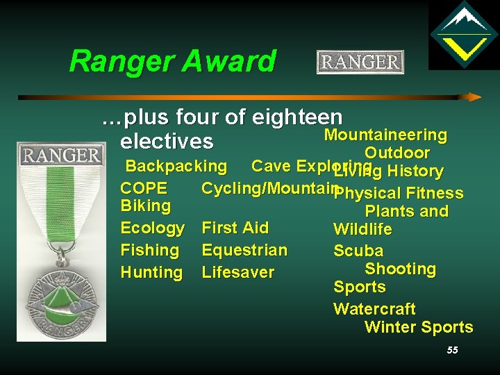 Ranger Award …plus four of eighteen Mountaineering electives Outdoor Backpacking Cave Exploring Living History