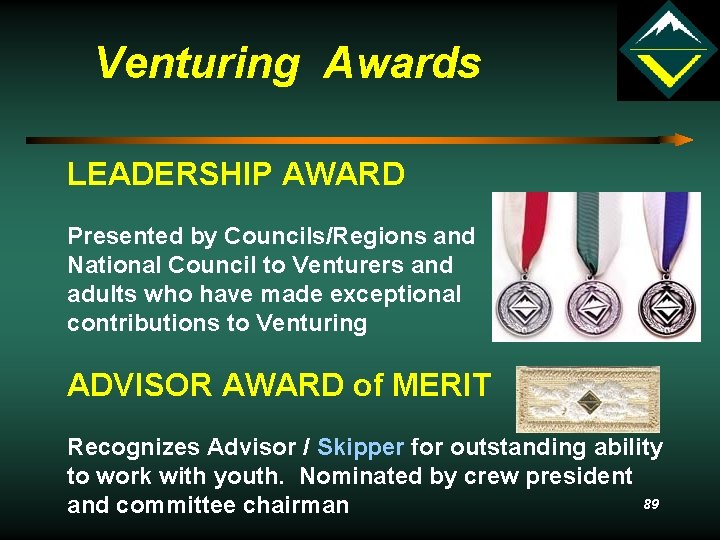 Venturing Awards LEADERSHIP AWARD Presented by Councils/Regions and National Council to Venturers and adults