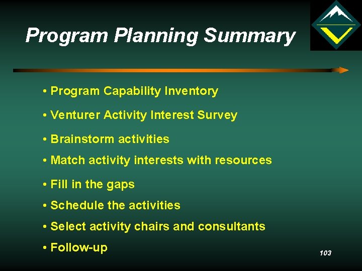 Program Planning Summary • Program Capability Inventory • Venturer Activity Interest Survey • Brainstorm