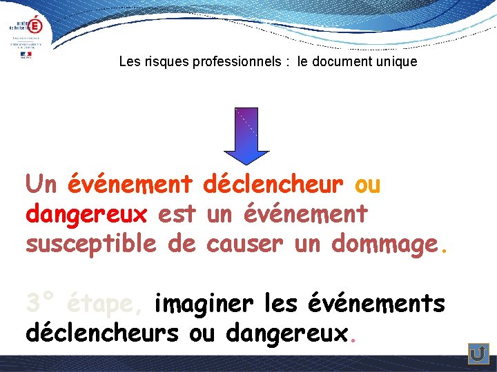 Les risques professionnels : le document unique Un événement déclencheur ou dangereux est un