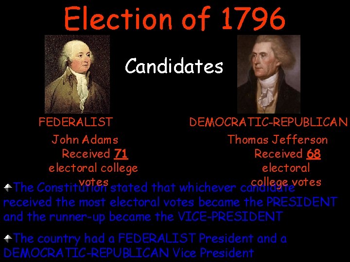 Election of 1796 Candidates FEDERALIST DEMOCRATIC-REPUBLICAN John Adams Thomas Jefferson Received 71 Received 68
