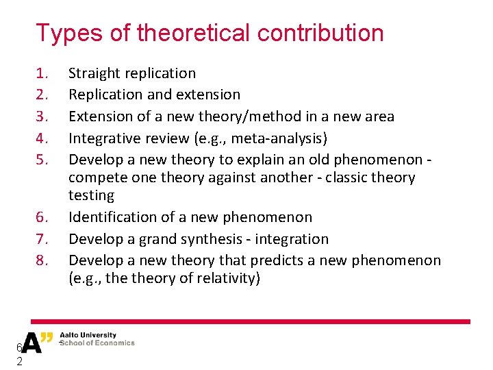 Types of theoretical contribution 1. 2. 3. 4. 5. Straight replication Replication and extension