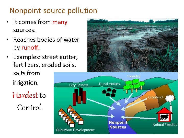 Nonpoint-source pollution • It comes from many sources. • Reaches bodies of water by