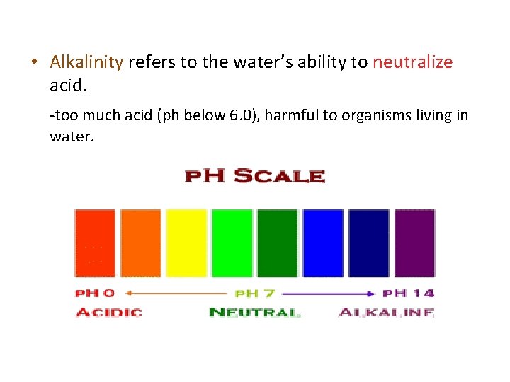  • Alkalinity refers to the water’s ability to neutralize acid. -too much acid