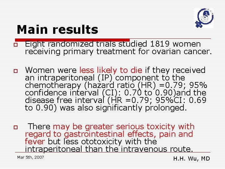 Main results o o o Eight randomized trials studied 1819 women receiving primary treatment