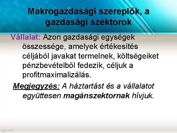 Makrogazdasági szereplők, a gazdasági szektorok Vállalat: Azon gazdasági egységek összessége, amelyek értékesítés céljából javakat