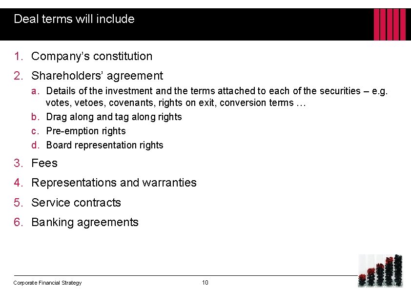 Deal terms will include 1. Company’s constitution 2. Shareholders’ agreement a. Details of the