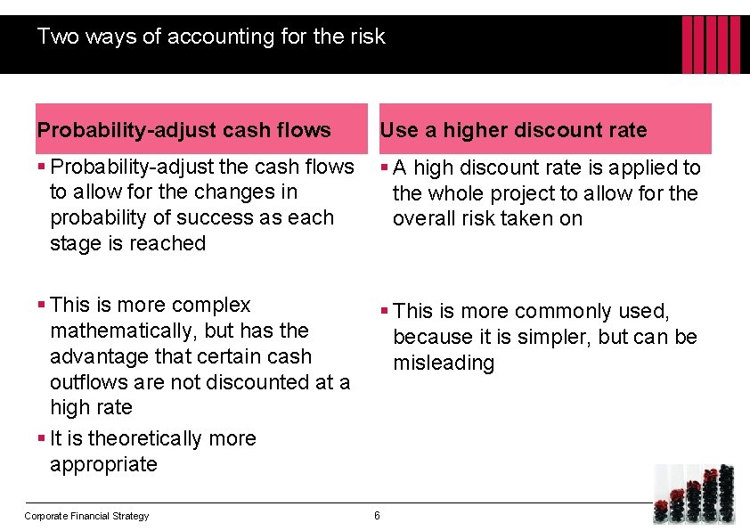 Two ways of accounting for the risk Probability-adjust cash flows Use a higher discount