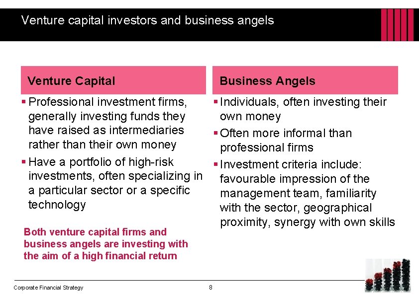 Venture capital investors and business angels Venture Capital Business Angels § Professional investment firms,