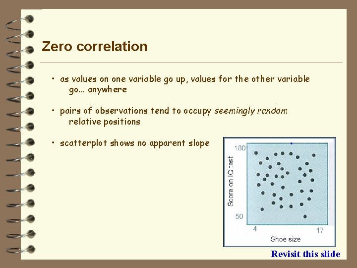 Zero correlation • as values on one variable go up, values for the other