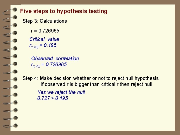 Five steps to hypothesis testing Step 3: Calculations r = 0. 726965 Critical value