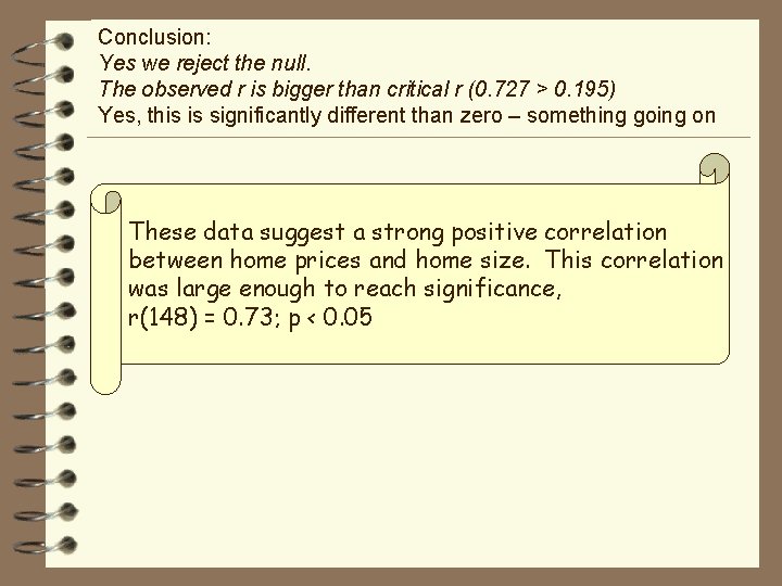 Conclusion: Yes we reject the null. The observed r is bigger than critical r