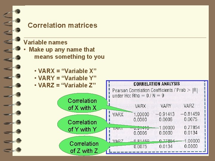 Correlation matrices Variable names • Make up any name that means something to you