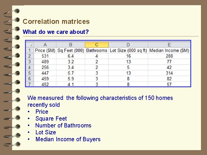 Correlation matrices What do we care about? We measured the following characteristics of 150