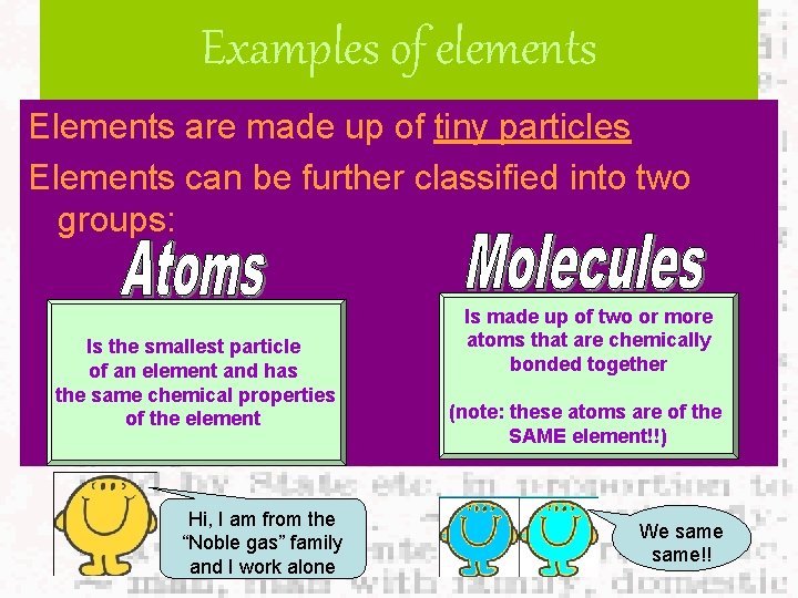 Examples of elements Elements are made up of tiny particles Elements can be further