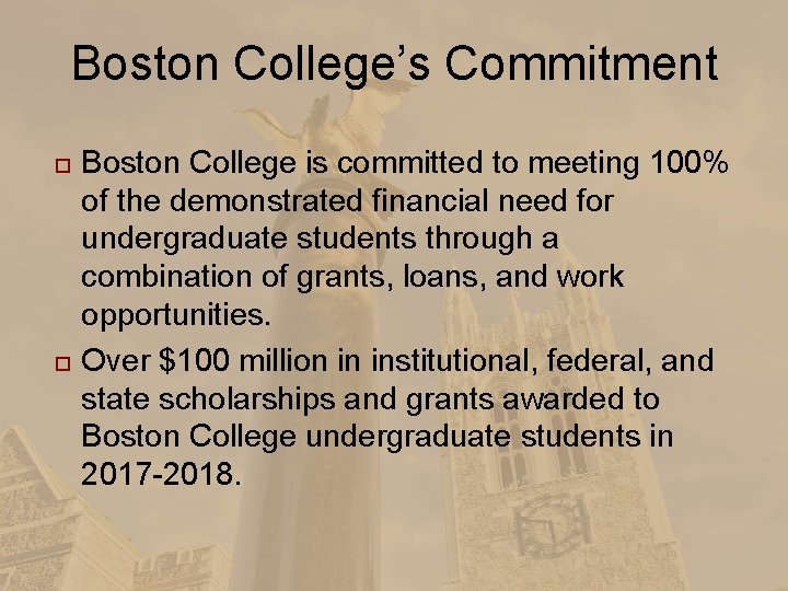 Boston College’s Commitment Boston College is committed to meeting 100% of the demonstrated financial