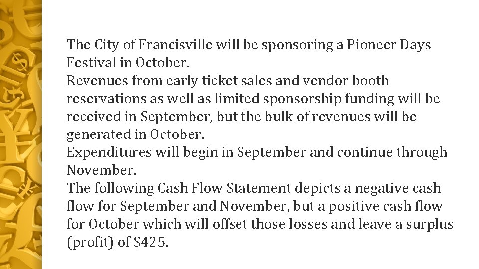 The City of Francisville will be sponsoring a Pioneer Days Festival in October. Revenues