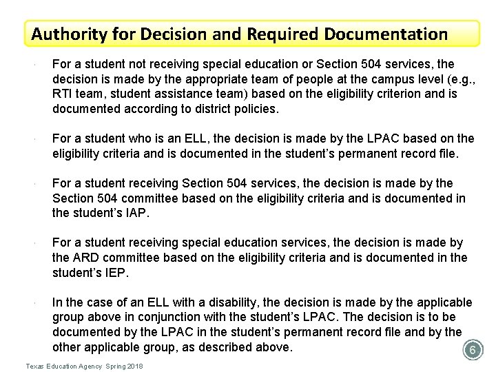 Authority for Decision and Required Documentation For a student not receiving special education or