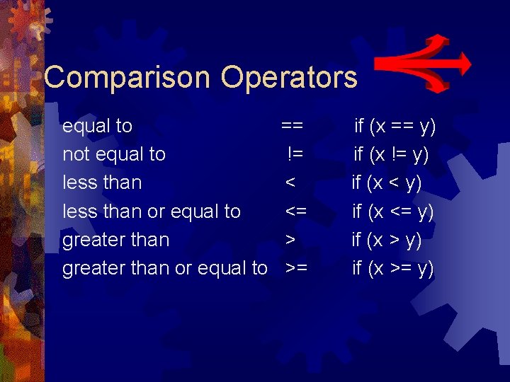 Comparison Operators equal to not equal to less than or equal to greater than Comparison Operators equal to not equal to less than or equal to greater than