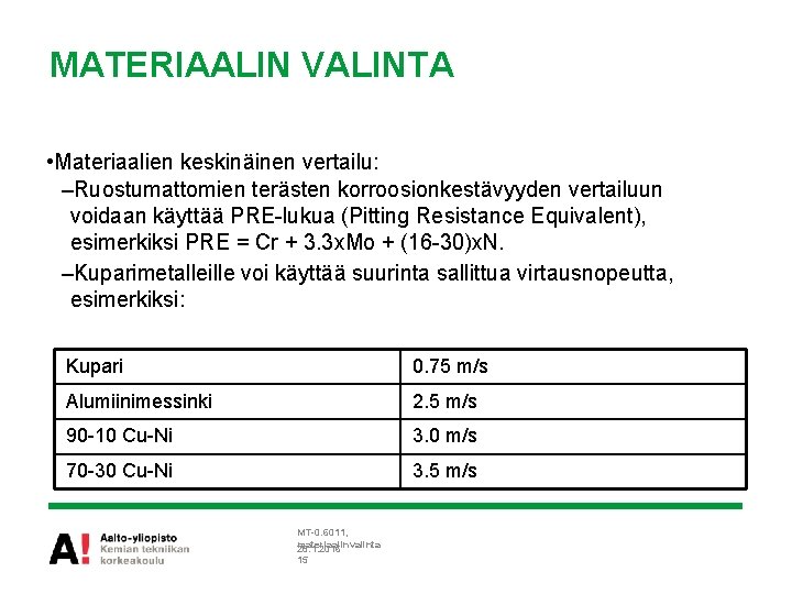 MATERIAALIN VALINTA • Materiaalien keskinäinen vertailu: –Ruostumattomien terästen korroosionkestävyyden vertailuun voidaan käyttää PRE-lukua (Pitting