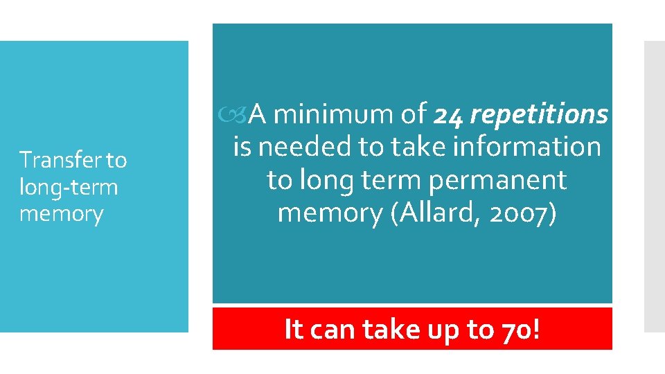 Transfer to long-term memory A minimum of 24 repetitions is needed to take information