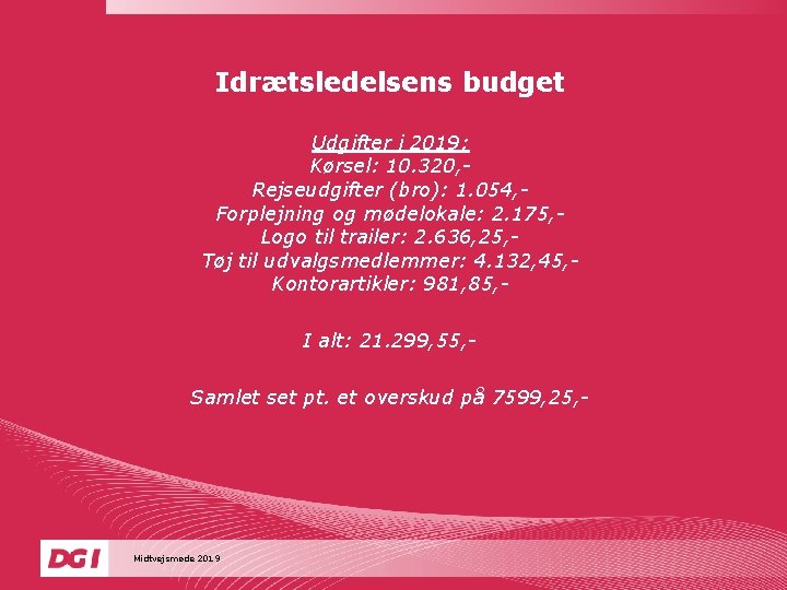 Idrætsledelsens budget Udgifter i 2019: Kørsel: 10. 320, Rejseudgifter (bro): 1. 054, Forplejning og