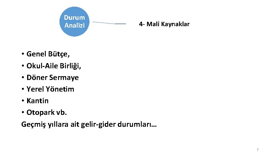 Durum Analizi 4 - Mali Kaynaklar • Genel Bütçe, • Okul-Aile Birliği, • Döner