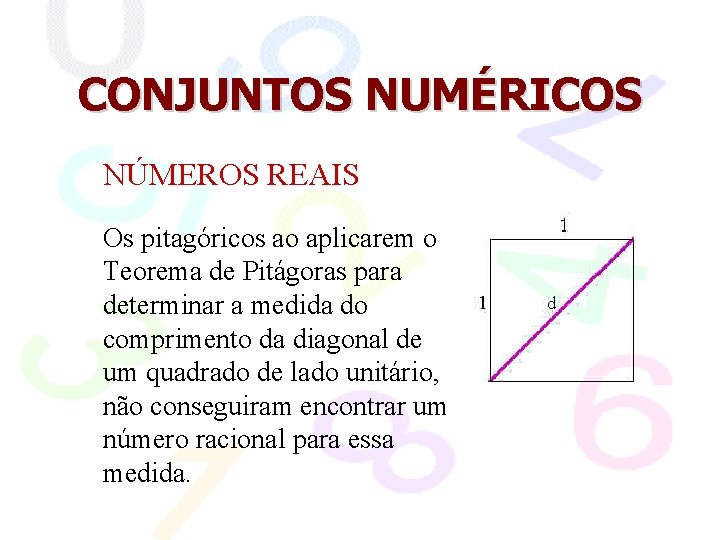 CONJUNTOS NUMÉRICOS NÚMEROS REAIS Os pitagóricos ao aplicarem o Teorema de Pitágoras para determinar