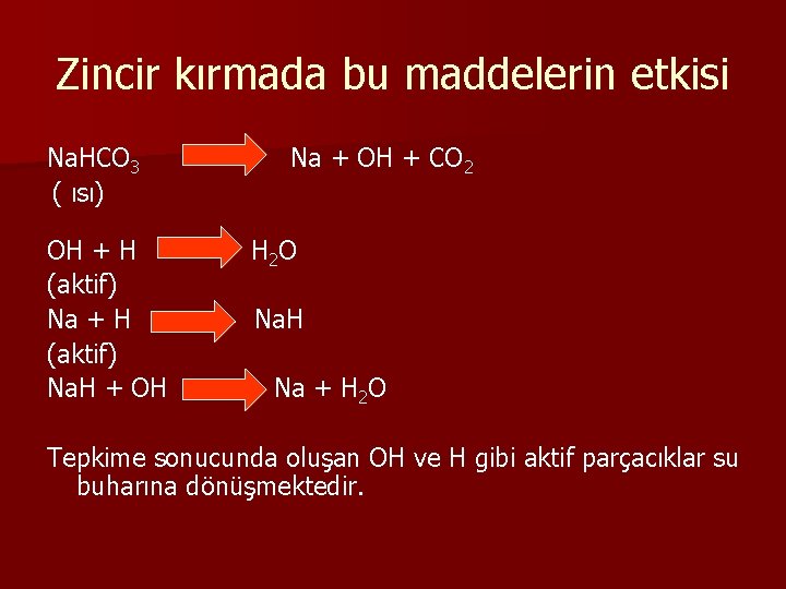 Zincir kırmada bu maddelerin etkisi Na. HCO 3 ( ısı) OH + H (aktif)