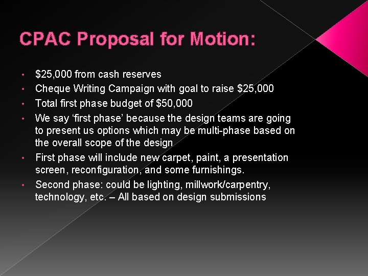 CPAC Proposal for Motion: • • • $25, 000 from cash reserves Cheque Writing
