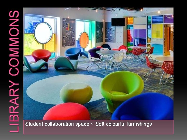 LIBRARY COMMONS Student collaboration space ~ Soft colourful furnishings 