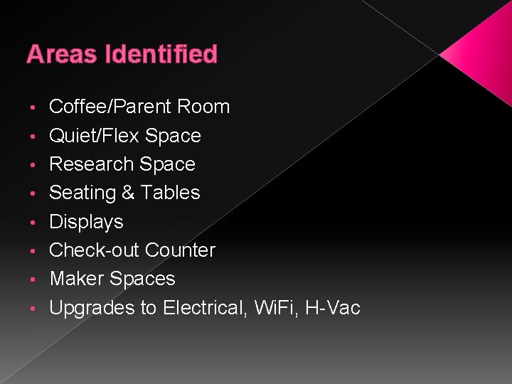 Areas Identified • • Coffee/Parent Room Quiet/Flex Space Research Space Seating & Tables Displays