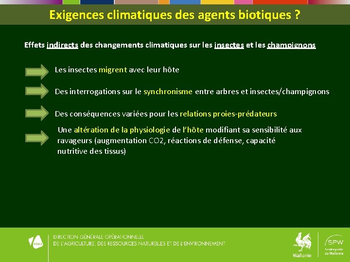 Exigences climatiques des agents biotiques ? Effets indirects des changements climatiques sur les insectes