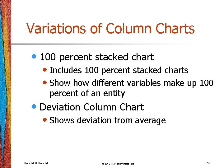 Variations of Column Charts • 100 percent stacked chart • Includes 100 percent stacked