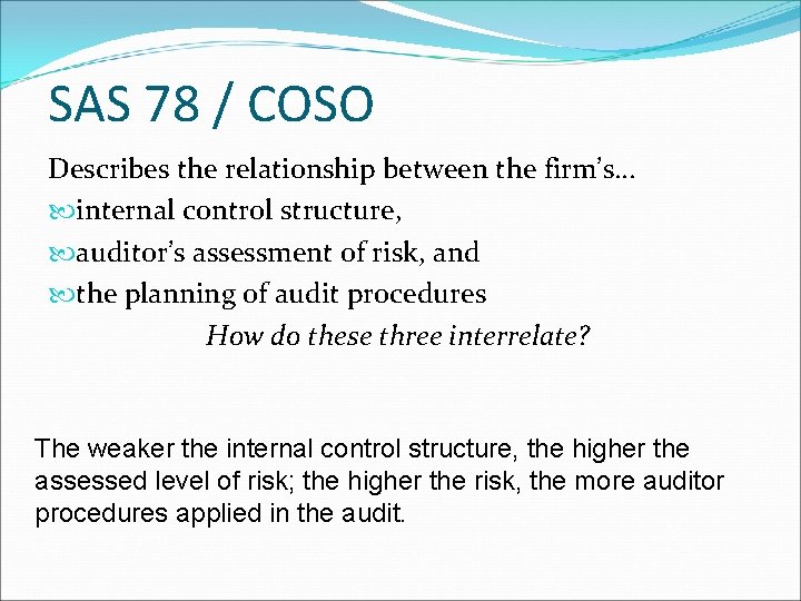 SAS 78 / COSO Describes the relationship between the firm’s… internal control structure, auditor’s