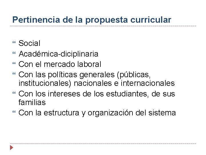 Pertinencia de la propuesta curricular Social Académica-diciplinaria Con el mercado laboral Con las políticas