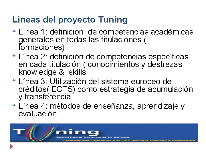 Líneas del proyecto Tuning Línea 1: definición de competencias académicas generales en todas las