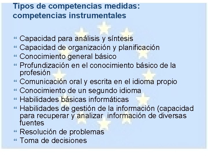 Tipos de competencias medidas: competencias instrumentales Capacidad para análisis y síntesis Capacidad de organización