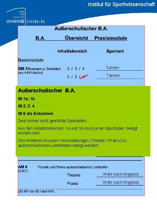 Institut für Sportwissenschaft Turnen Tanzen Außerschulischer B. A. IB 1 a; 1 b Basketball