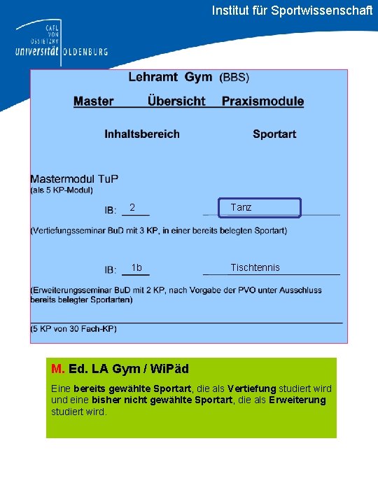 Institut für Sportwissenschaft 2 Tanz 1 b Tischtennis M. Ed. LA Gym / Wi.