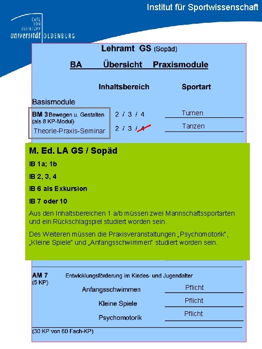 Institut für Sportwissenschaft Turnen Theorie-Praxis-Seminar Tanzen M. Ed. LA GS / Sopäd Basketball IBTheorie-Praxis-Seminar